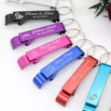 Colorful personalized bottle opener keychains for wedding guests