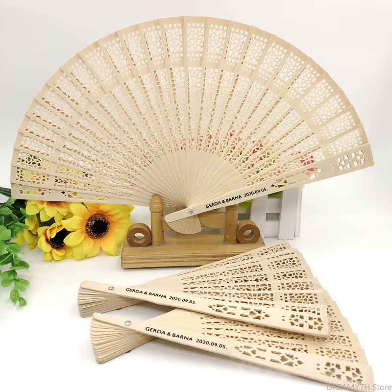 Personalized wooden wedding fans with custom names and date